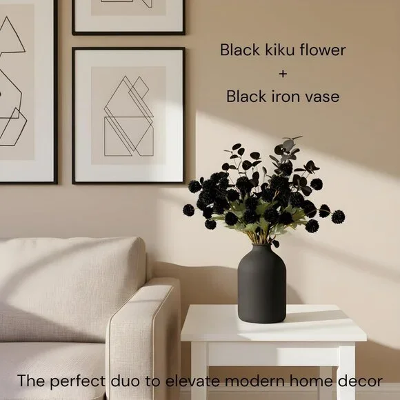 Black Faux Kiku Flowers for Vase 10 Long Stem Artificial Flowers with Eucalyptus - Picture 3 of 6